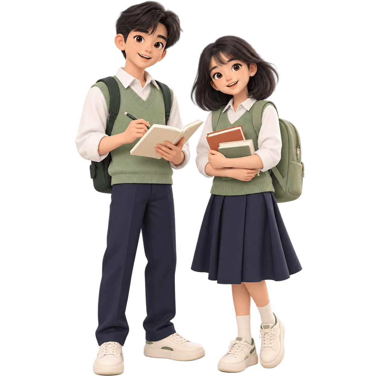 Hai nhân vật học sinh trong đồng phục, mang ba lô, sách và vở học tập